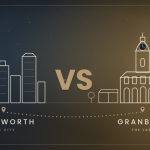 Granbury vs Fort Worth featured image showing a Fort Worth skyline and the Granbury courthouse square linked by a route, representing the trade between city commute and lake living.